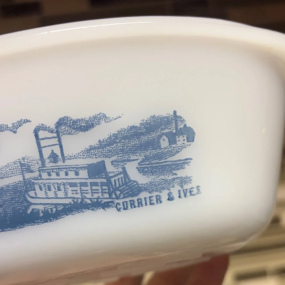 Glasbake Currier And Ives Vintage Steamboat 1 Quart Milk Glass Casserole Dish